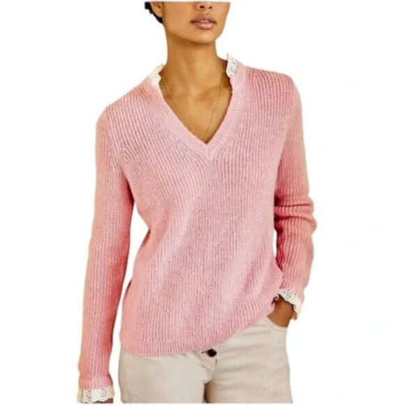 Boden Pink Ribbed Sweater Eyelet Trim Size 14 Cottagecore Ruffle Romantic V-neck - Picture 1 of 7